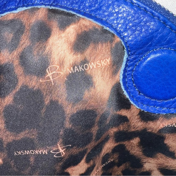 B. Makowsky Blue Genuine Leather Crossbody Shoulder Bag Studded Leopard Lining - Picture 14 of 15